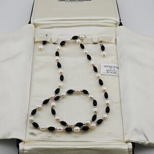 CP Cultured Pearl Jewelry Set Black White Bead Evening Glam Formal 925 Sterling